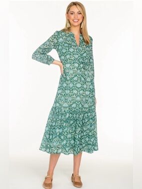 Olivia James Lydia Long Sleeve Midi Dress Green Geo Print Size Small